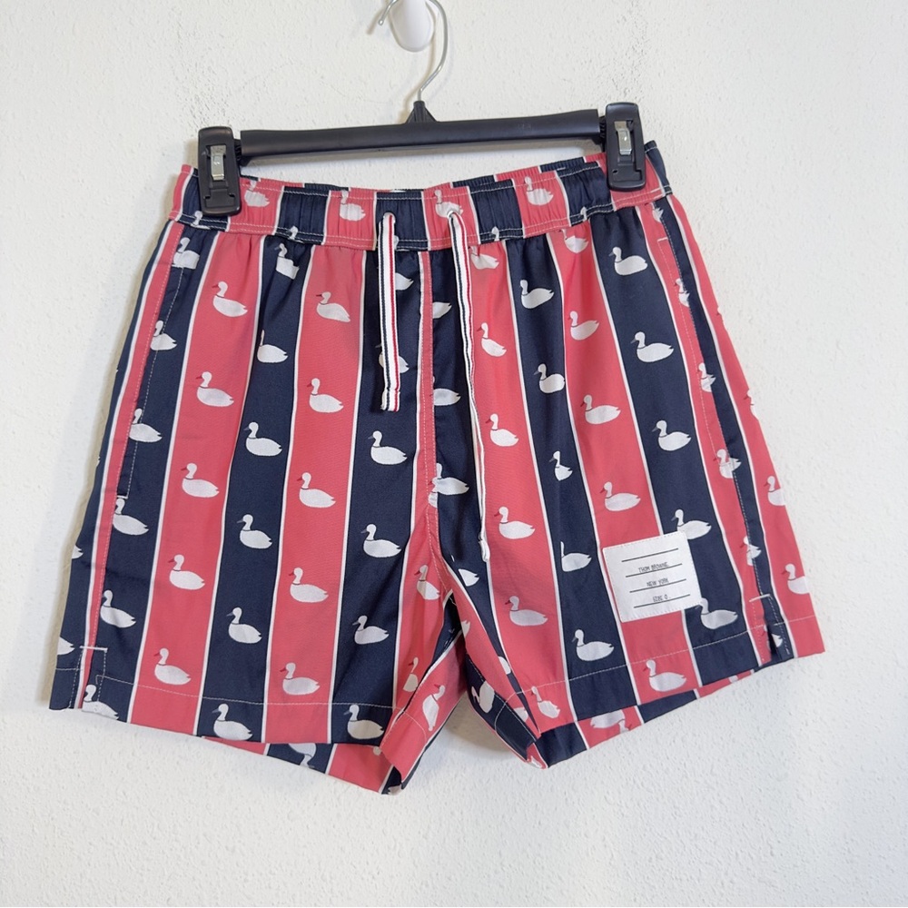 Thom Browne striped swan duck print swim short
